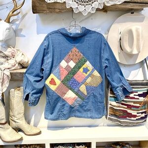 Upcycled patchwork vibe on denim shirt w prairie country vibe